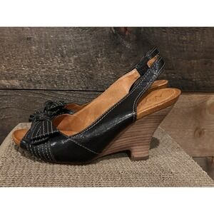 Naya Sandals Women Giada 7 Shoes Black Leather Wedge Bow Slingback Peep Toe EUC